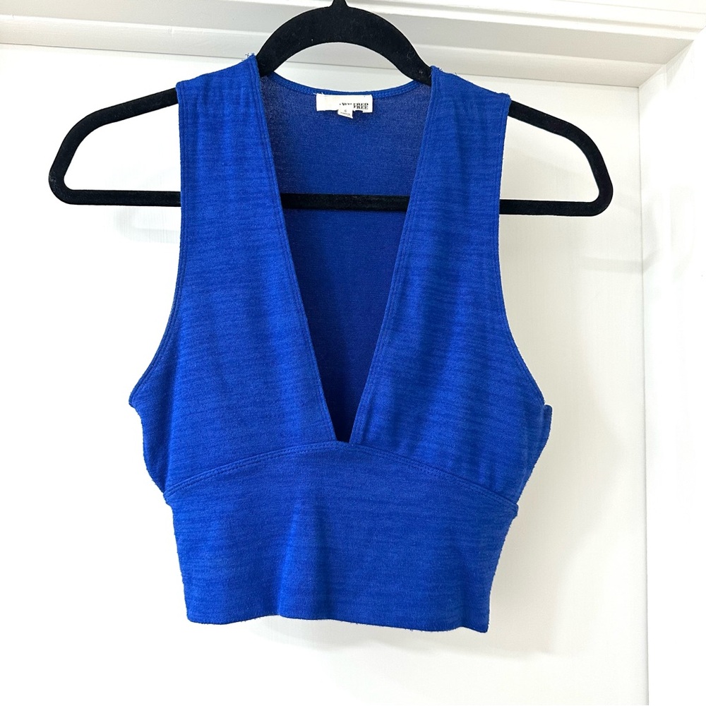 Aritzia Wilfred Free Royal Blue Valeria Knit Crop Top, V Neck, Size S